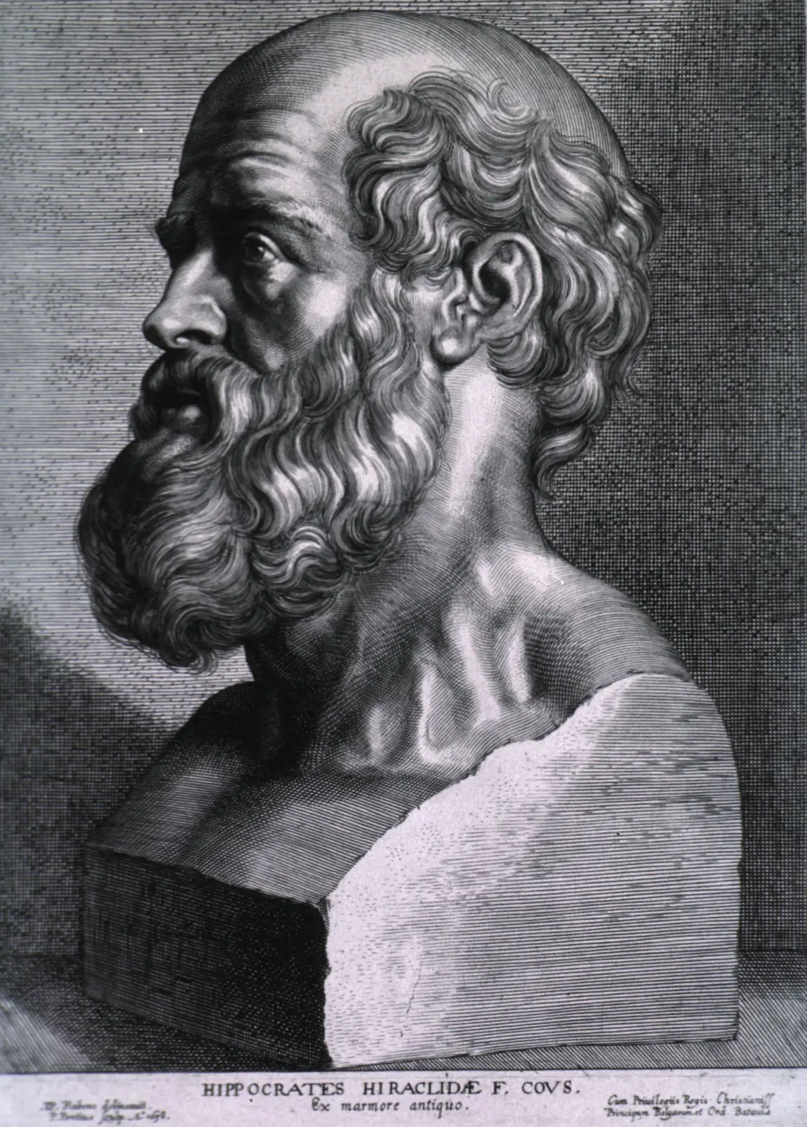 Engraved portrait of the ancient Greek physician Hippocrates.